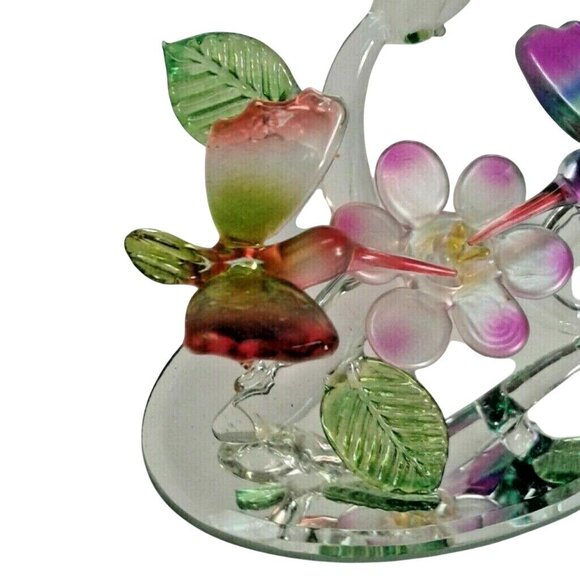 Hand Blown Glass Hummingbirds Flower Mirror Base Pink Purple Birds Figurine - Picture 8 of 10